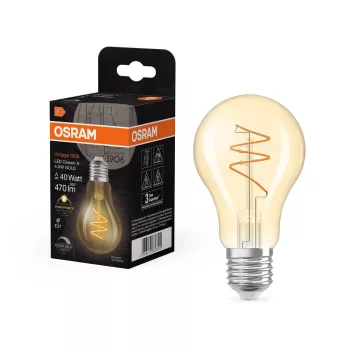 OSRAM Vintage 1906 dimm. LED, üveg búra, átlátszó arany E27, 4,9W, 470lm, 2700K meleg fehér filament
