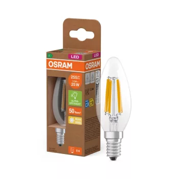 OSRAM Superstar+ LED gyertya izzó, átlátszó üveg búra, E14 foglalat, 1,2W, 255lm, 2700K, filament
