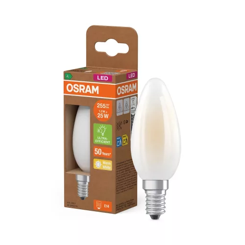 OSRAM Superstar+ LED gyertya izzó, matt plasztik búra, E14 foglalat, 1,2W, 255lm, 2700K, filament