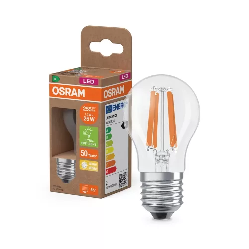 OSRAM Superstar+ LED kisgömb izzó, átlátszó üveg búra, E27 foglalat, 1,2W, 255lm, 2700K, meleg