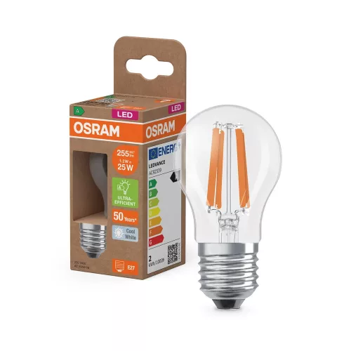 OSRAM Superstar+ LED kisgömb izzó, átlátszó üveg búra, E27 foglalat, 1,2W, 255lm, 4000K semleges