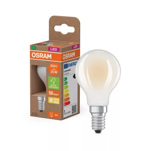 OSRAM Superstar+ LED izzó kisgömb forma, matt búra, E14 foglalat, 1,2W, 255lm, 2700K meleg fehér