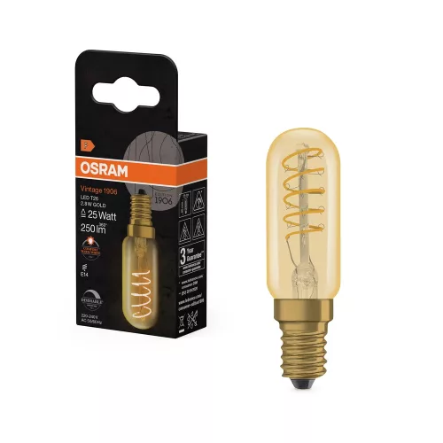OSRAM Vintage 1906 dimmelhető LED cső izzó, cső forma, arany üveg, E14 foglalat, 2,8W, 2200K, 80mm