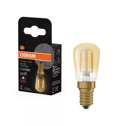 OSRAM Vintage 1906 LED üveg fénycső, arany, E14 foglalat, 1,6W, 50lm, 2400K extra meleg, 63mm