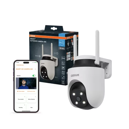 OSRAM SMART+ WiFi 360° kültéri kamera fehér, 4MP 2K QHD, IP65, pan-tilt, éjjellátó, szirénás