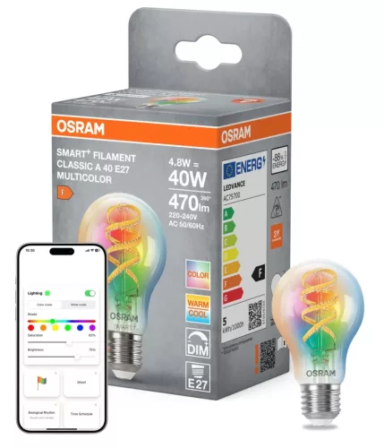 OSRAM SMART+ Matter dimmelhető LED izzó, körte forma, E27 foglalat, 4,8W, RGB állítható, 470lm