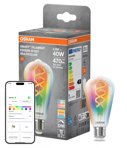 OSRAM SMART+ Matter dimmelhető LED izzó, Edison forma, E27 foglalat, 4,8W, RGB állítható, 470lm