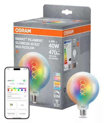 OSRAM SMART+ Matter dimmelhető LED izzó, Globe forma, E27 foglalat, 4,8W, RGB állítható, 470lm