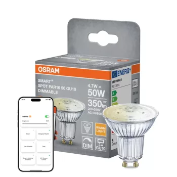 OSRAM SMART+ Matter dimmelhető LED izzó PAR16 spot, matt búra, GU10, 4,7W, 350lm, 2700K meleg fehér