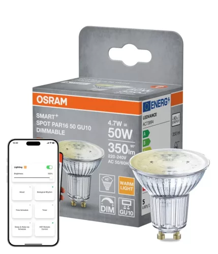OSRAM SMART+ Matter dimmelhető LED izzó PAR16 spot, matt búra, GU10, 4,7W, 350lm, 2700K meleg fehér