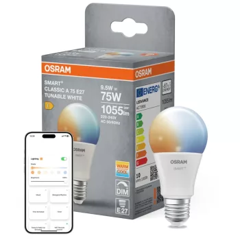 OSRAM SMART+ Matter LED izzó, matt plasztik búra, E27 foglalat, 9,5W, 1055lm, 2700K meleg fehér