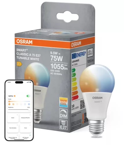 OSRAM SMART+ Matter LED izzó, matt plasztik búra, E27 foglalat, 9,5W, 1055lm, 2700K meleg fehér