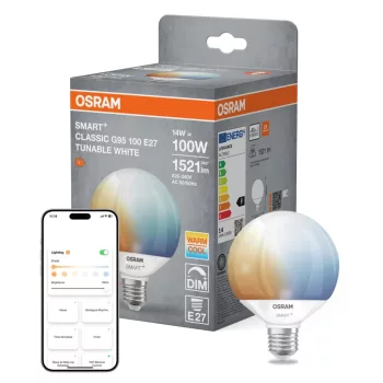 OSRAM SMART+ Matter LED izzó, Globe matt plasztik búra, E27 foglalat, 14W, 1521lm, 2700K meleg fehér