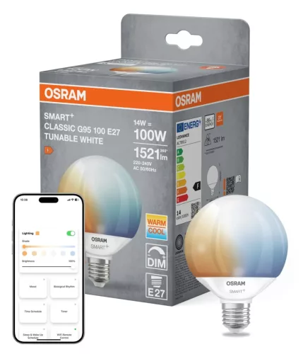 OSRAM SMART+ Matter LED izzó, Globe matt plasztik búra, E27 foglalat, 14W, 1521lm, 2700K meleg fehér