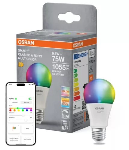 OSRAM SMART+ Matter LED izzó, körte forma, matt plasztik, E27 foglalat, 9,5W, RGB állítható, 1055lm