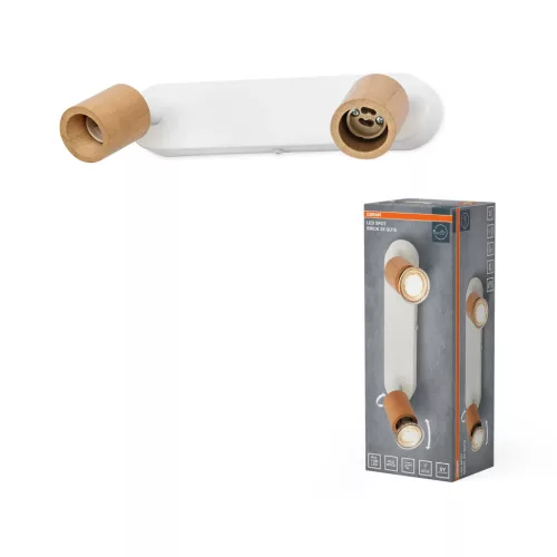 OSRAM Brick mennyezeti / fali állítható fa spot lámpa 2 fejes, beltéri, fa dekor, fehér, 2 × GU10, acél és gumifa, IP20, hossz: 250 mm ( 4058075852501 )