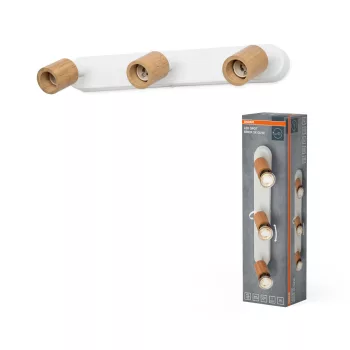   OSRAM Brick mennyezeti / fali állítható fa spot lámpa 3 fejes, beltéri, fa dekor, fehér, 3 × GU10, acél és gumifa, IP20, hossz: 380 mm ( 4058075852549 )