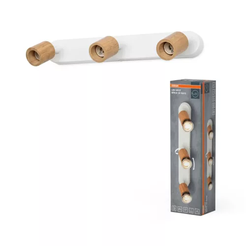 OSRAM Brick mennyezeti / fali állítható fa spot lámpa 3 fejes, beltéri, fa dekor, fehér, 3 × GU10, acél és gumifa, IP20, hossz: 380 mm ( 4058075852549 )