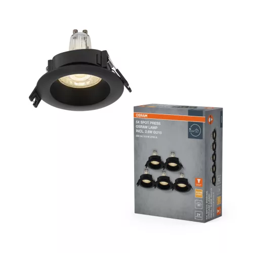 OSRAM beépíthető műanyag spot lámpa, beltéri, fekete, GU10, műanyag, IP20, átmérő: 85 mm, 5 db-os szett ( 4058075853270 )