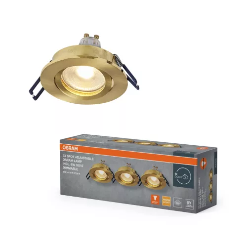 OSRAM beépíthető állítható spot lámpa, beltéri, szatén arany, GU10, alumínium, IP20, átmérő: 85 mm, 3 db-os szett, kattintásos dimmelhető ( 4058075853553 )