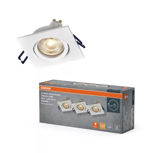 OSRAM beépíthető négyszögletes állítható spot lámpa, beltéri, homokfehér, GU10, alumínium, IP20, méret: 85 × 85 mm, 3 db-os szett ( 4058075853591 )