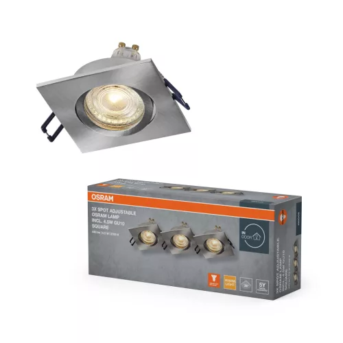 OSRAM beépíthető négyszögletes állítható spot lámpa, beltéri, szatén nikkel, GU10, alumínium, IP20, méret: 85 × 85 mm, 3 db-os szett ( 4058075853614 )