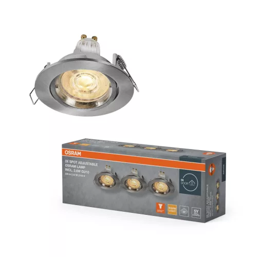 OSRAM csavaros rögzítésű beépíthető állítható spot lámpa, beltéri, szatén nikkel, GU10, alumínium, IP20, átmérő: 85 mm, 3 db-os szett ( 4058075853676 )