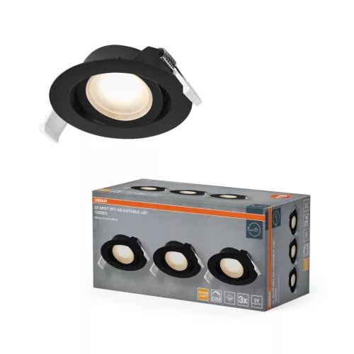 OSRAM beépíthető LED spot lámpa, beltéri, fekete, 190 lm, 4,9 W, 2700 K, alumínium és műanyag, IP20, átmérő: 90 mm, 3 db-os szett, dimmelhető ( 4058075853836 )