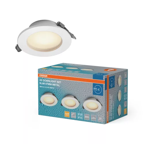 OSRAM LED keskeny beépíthető downlight IP44, beltéri / fedett kültéri, fehér, 240 lm, 4,5 W, 3000 K, acél, IP44, átmérő: 97 mm, 3 db-os szett ( 4058075854314 )