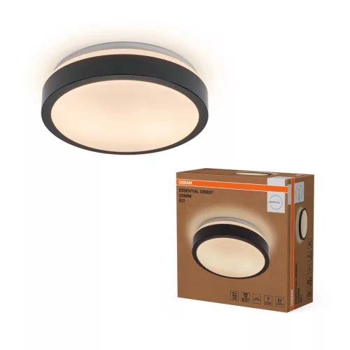 OSRAM Essentials Orbis kerek mennyezeti lámpa, beltéri, fekete, E27, fém, IP20, hossz: 95 mm, átmérő: 220 mm ( 4058075855182 )