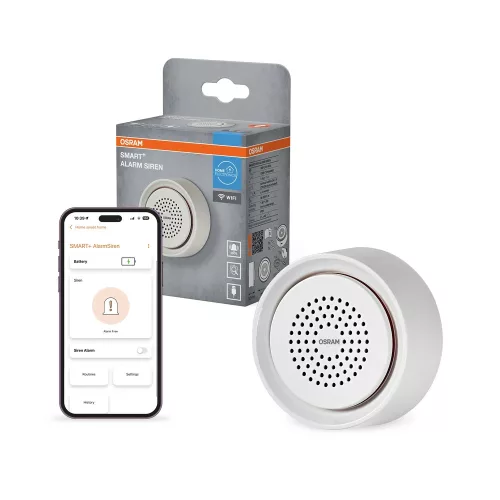 OSRAM SMART+ WiFi beltéri riasztó sziréna fehér, 90dB, IP20, 11 hang, USB-C, elemes tartalékkal