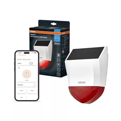 OSRAM SMART+ WiFi kültéri sziréna fehér, 95dB, IP65, napelemes akkumulátoros, tamper-védett