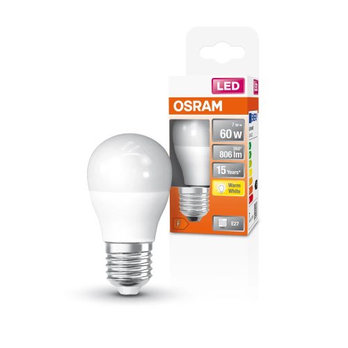 OSRAM Star LED izzó kisgömb forma, matt plasztik búra, E27 foglalat, 6,5W, 806lm, 2700K meleg fehér