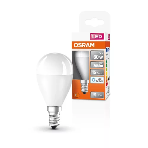 OSRAM Star LED izzó kisgömb forma, matt plasztik búra, E14 foglalat, 6,5W, 806lm, 6500K hideg fehér