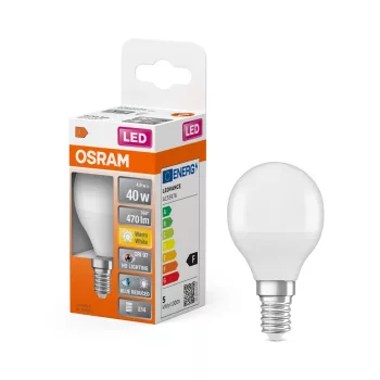 OSRAM Superstar+ LED izzó kisgömb forma, matt búra, E14 foglalat, 4,9W, 470lm, 2700K meleg fehér