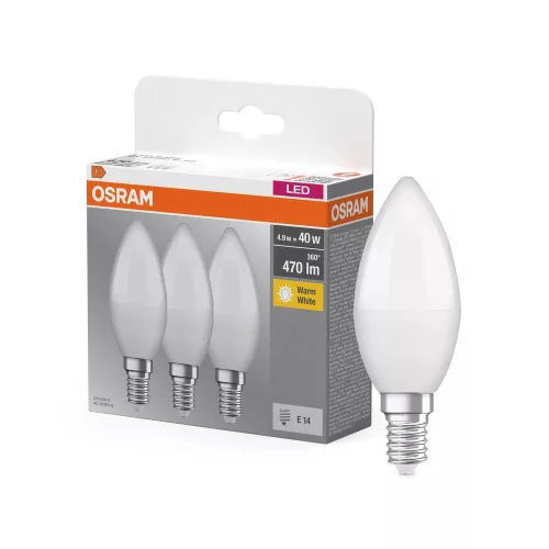 OSRAM Base LED gyertya izzó, matt búra, E14 foglalat, 4,9W, 2700K, 470lm, meleg fehér, 3db csomag