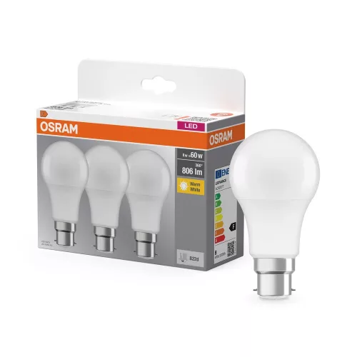 OSRAM Base LED izzó, matt plasztik búra, B22d foglalat, 8W, 806lm, 2700K meleg fehér 3db