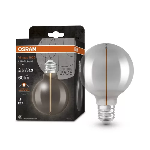 OSRAM Vintage 1906 LED Globe izzó, füst üveg búra, E27 foglalat, 2,2W, 60lm, 1800K, 95mm, filament
