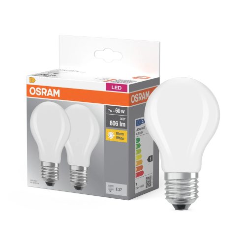 OSRAM Base LED classic izzó, matt plasztik búra, E27 foglalat, 7W, 806lm, 2700K meleg fehér, 2db