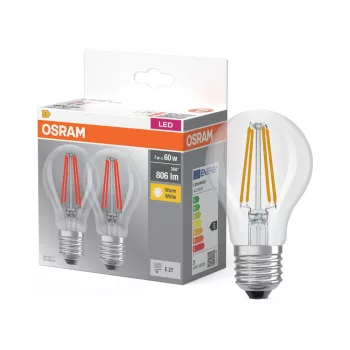 OSRAM Base LED izzó, classic forma, üveg búra, E27 foglalat, 7W, 806lm, 2700K meleg fehér 2db