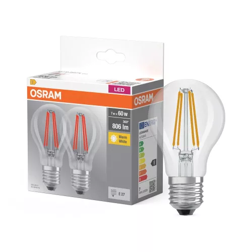 OSRAM Base LED izzó, classic forma, üveg búra, E27 foglalat, 7W, 806lm, 2700K meleg fehér 2db