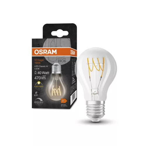 OSRAM Vintage 1906 dimm. LED, classic forma, üveg búra, E27, 4,8W, 470lm, 2700K meleg fehér