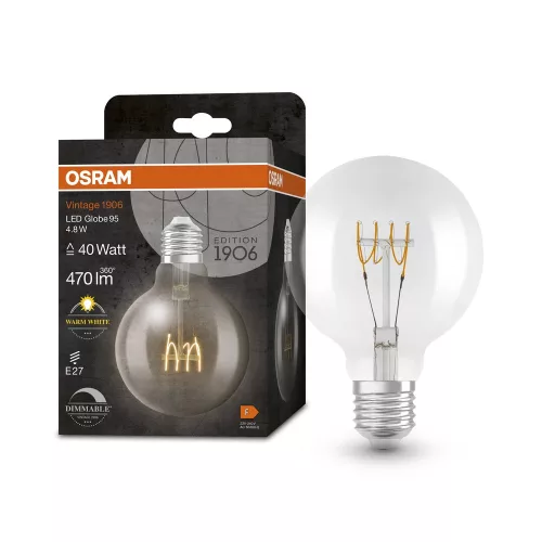 OSRAM Vintage 1906 LED globe izzó, átlátszó üveg búra, E27 foglalat, 4,8W, 2700K, 470lm, meleg fehér
