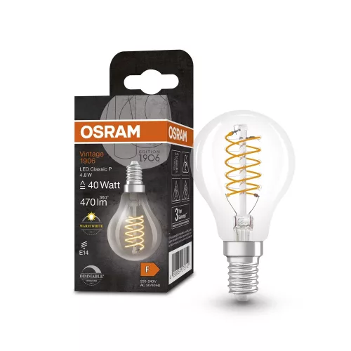 OSRAM Vintage 1906 dimmelhető LED kisgömb izzó, üveg, E14 foglalat, 4,8W, 470lm, 2700K, filament
