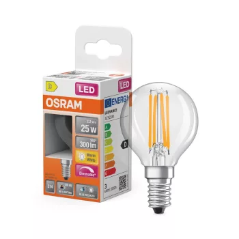 OSRAM Superstar+ dimmelhető LED kisgömb izzó, átlátszó üveg, E14 foglalat, 2,2W, 2700K, 300lm