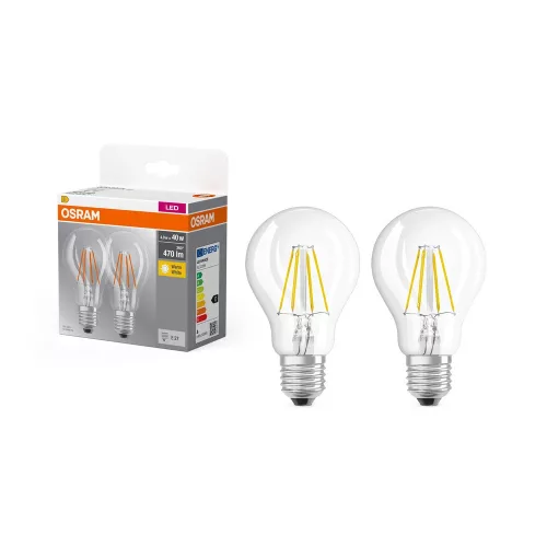 OSRAM Base LED classic izzó, átlátszó üveg búra, E27 foglalat, 4W, 470lm, 2700K meleg fehér, 2db