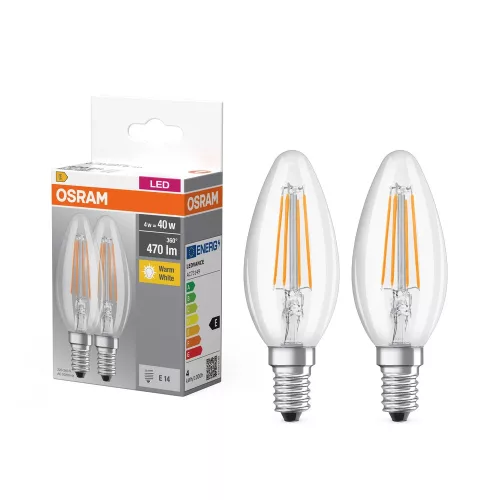 OSRAM Base LED gyertya izzó, átlátszó üveg búra, E14 foglalat, 4W, 2700K, 470lm, meleg fehér, 2db