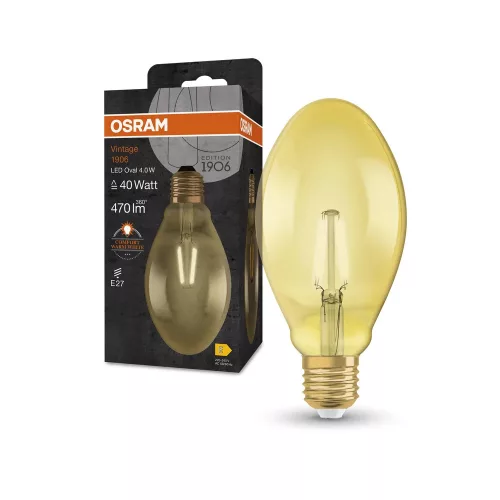 OSRAM Vintage 1906 LED izzó, ovális forma, üveg búra, arany E27, 4W, 470lm, 2400K extra meleg fehér
