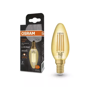 OSRAM Vintage 1906 LED izzó gyertya forma, üveg búra, arany E14, 4W, 410lm, 2400K extra meleg fehér