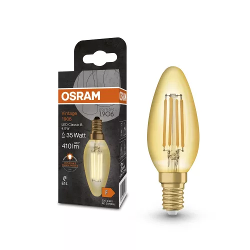OSRAM Vintage 1906 LED izzó gyertya forma, üveg búra, arany E14, 4W, 410lm, 2400K extra meleg fehér